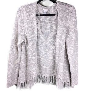 Chico’s Open Front Marled Fringe Hem Oatmeal Wool Blend Cardigan Size 1